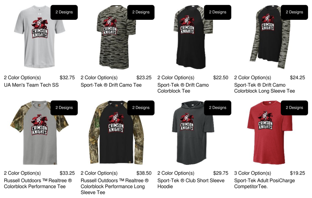 A display of eight different t-shirts, featuring various colors and designs, including camouflage and solid colors.