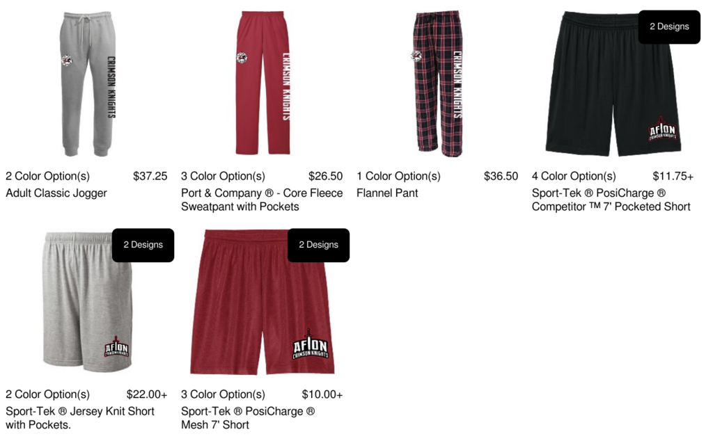 Four sets of pants: one pair in red and white, two in black and red, one in gray, and one in maroon.