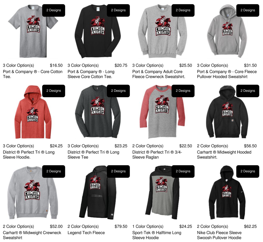 Display of sweatshirts in various colors and styles. Each garment features a logo and text.