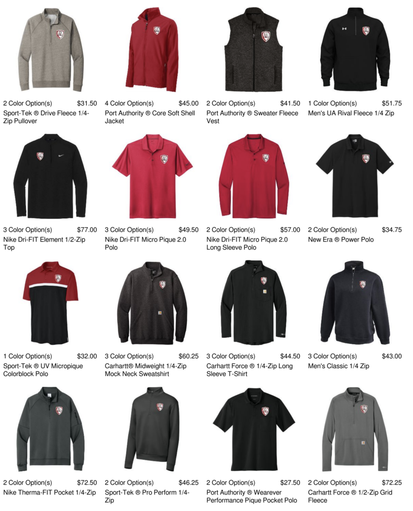 A collection of clothing items displayed, including sweatshirts, long-sleeved shirts, and polo shirts, with different color options and prices.