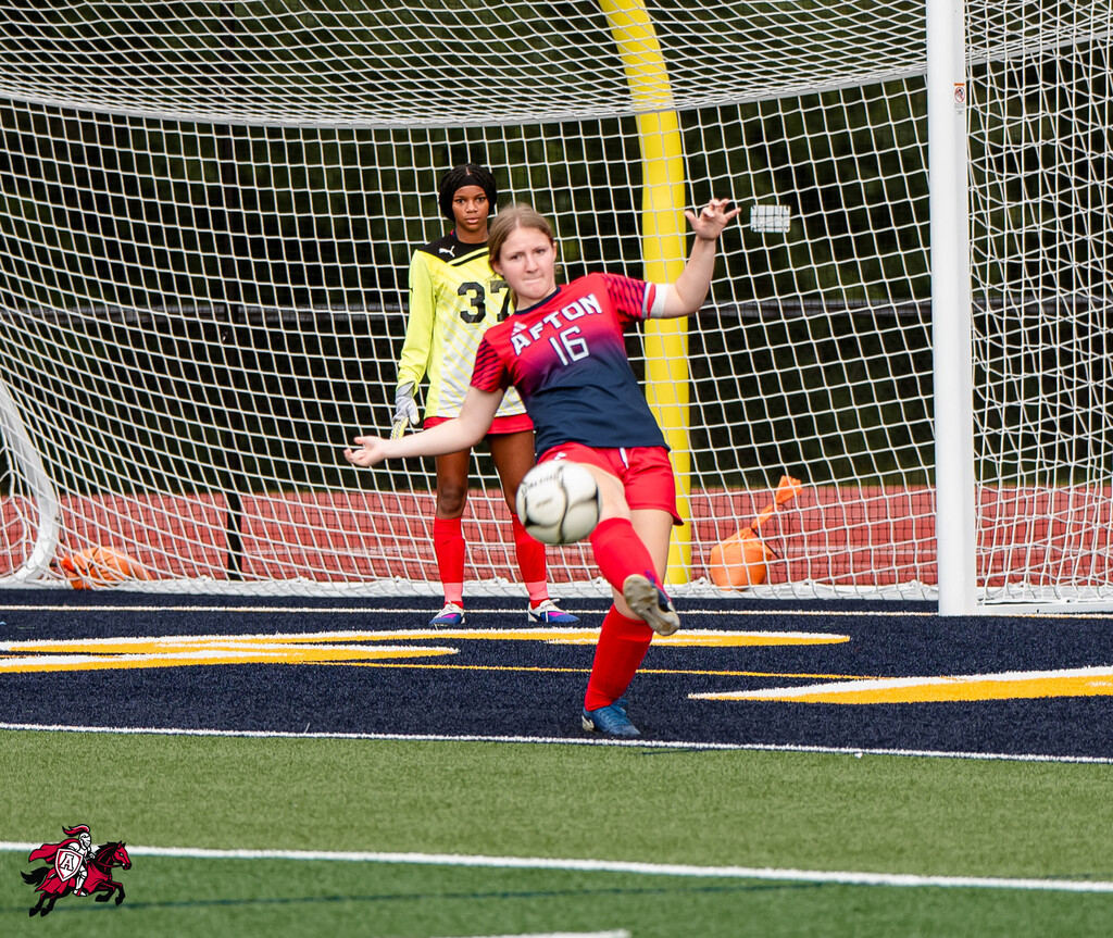 A soccer player in red and blue uniform kicks a ball towards a goal. Another player stands near the goal.