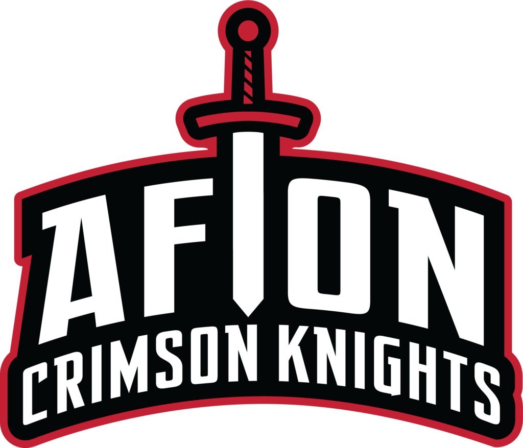 Logo for Aflon Crimson Knights, featuring a sword over the text. Text is in white, with a red and black border.