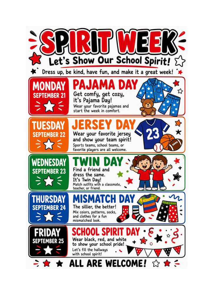 Poster displaying Spirit Week themes for five days. Each theme has a color block, text, and illustration. Background is white.