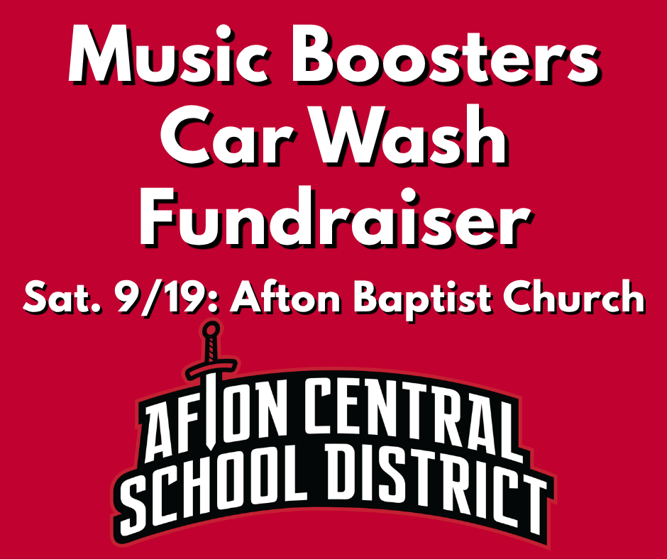 A red poster announces a "Music Boosters Car Wash Fundraiser" at Afton Baptist Church. Date: Sat. 9/19.