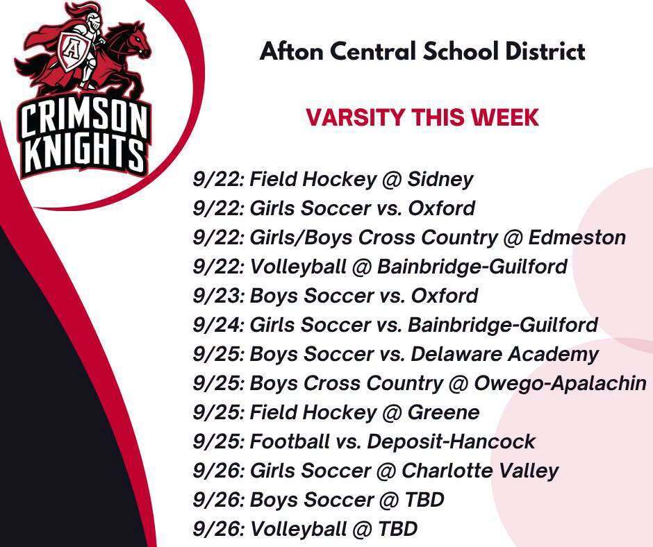 A flyer from Afton Central School District lists sports events for the week, including soccer, volleyball, and cross-country games, with dates and locations.