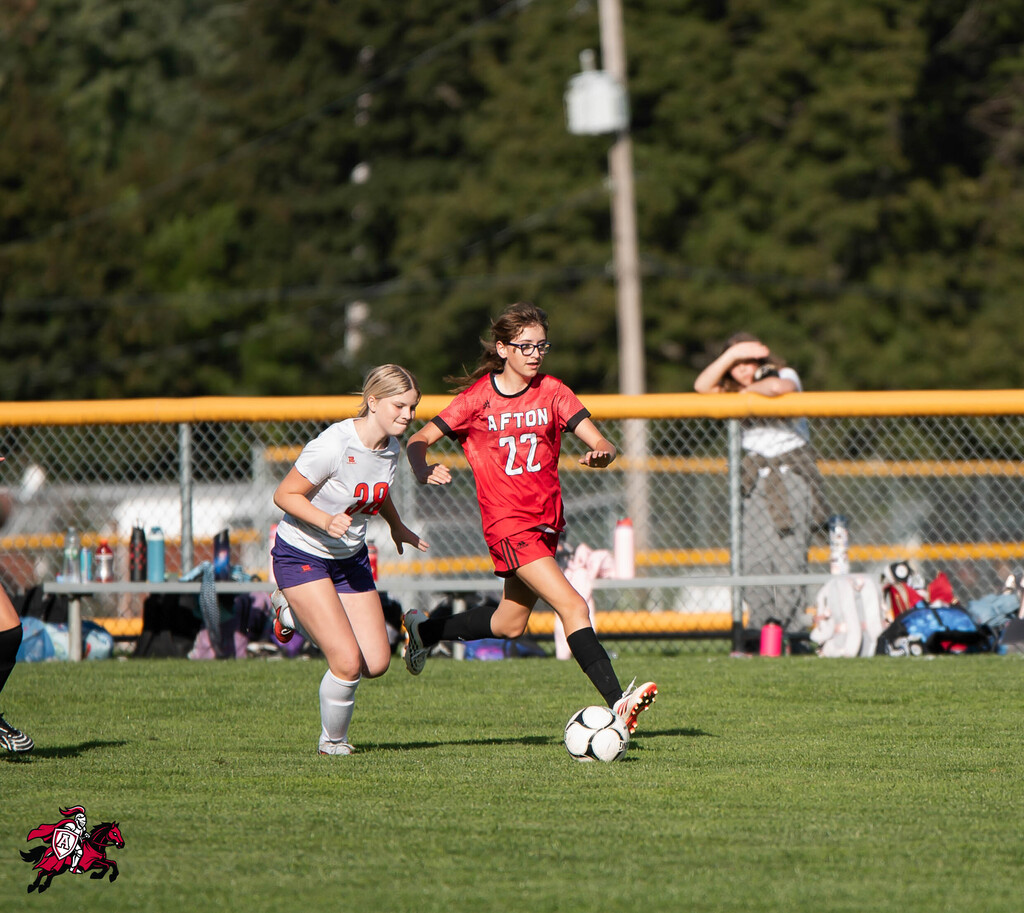 Two players, one in red, one in white, play soccer. One player chases a white soccer ball. Behind them, a yellow fence and a blurred figure.
