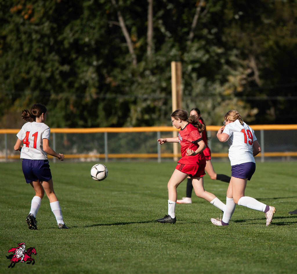 Four women in jerseys playing soccer; one kicks the ball, another runs, and two stand. Green grass, yellow fence, trees.