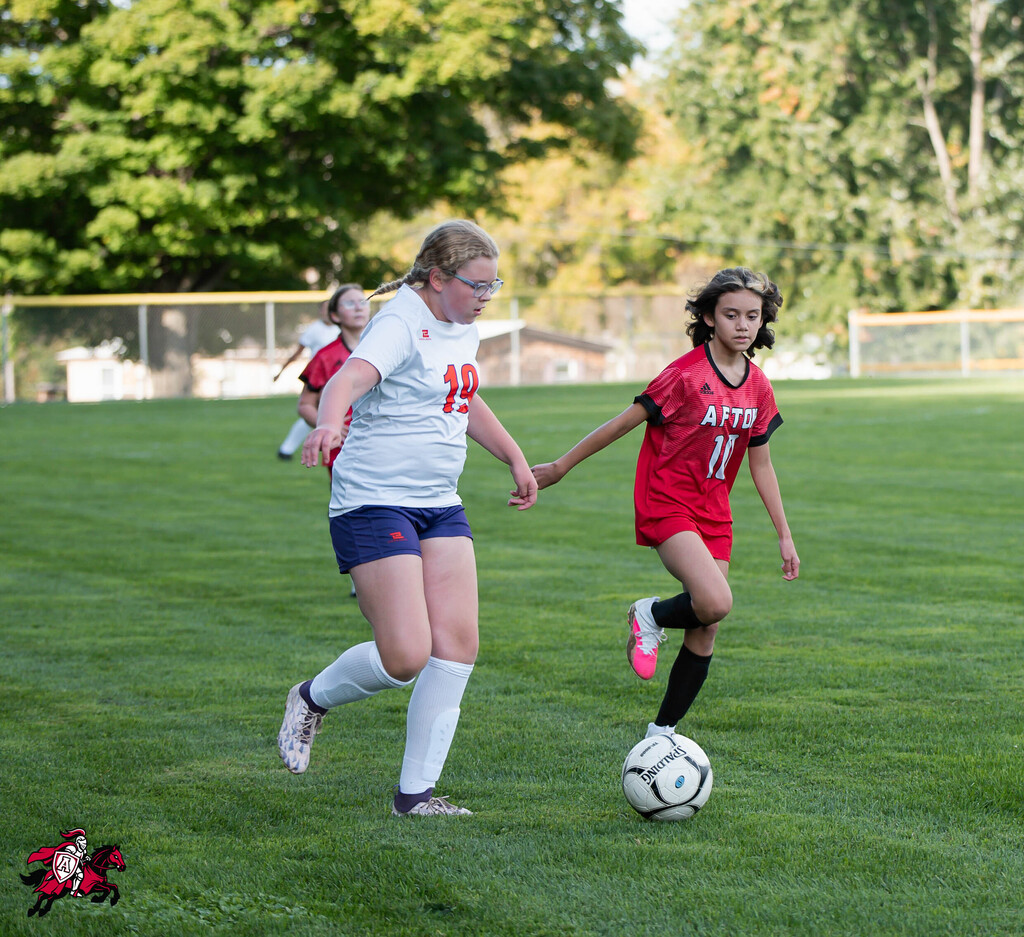 Players in white and red uniforms on a grassy field playing soccer, one holding hands with the other.