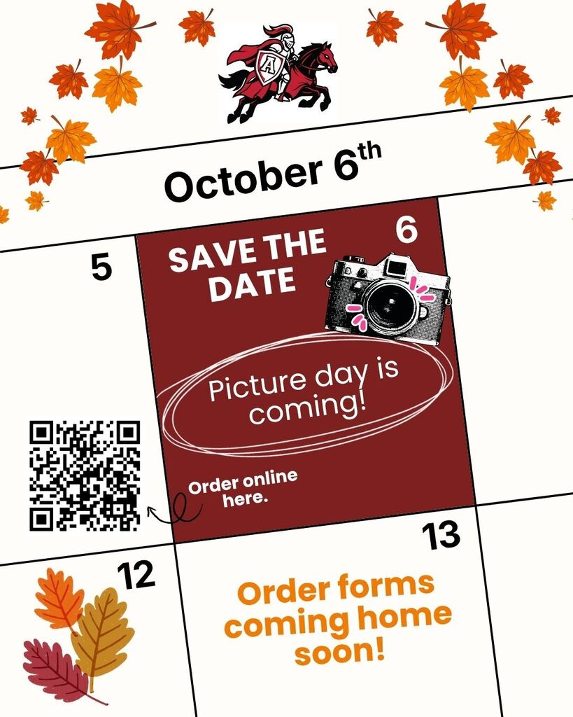 Poster shows a calendar for October with a highlighted date of October 6. It says "Save the Date" and "Picture day is coming".