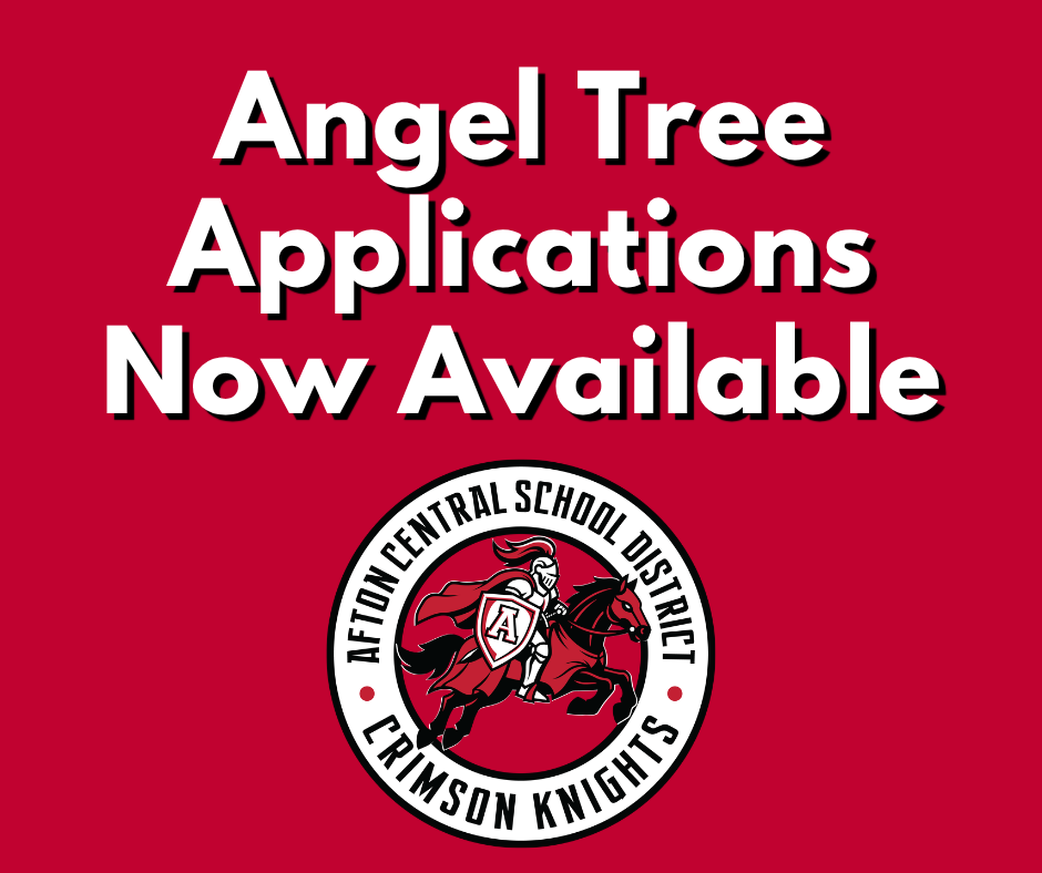 A red background displays "Angel Tree Applications Now Available" text. Beneath it, a circular logo features a knight on a horse.