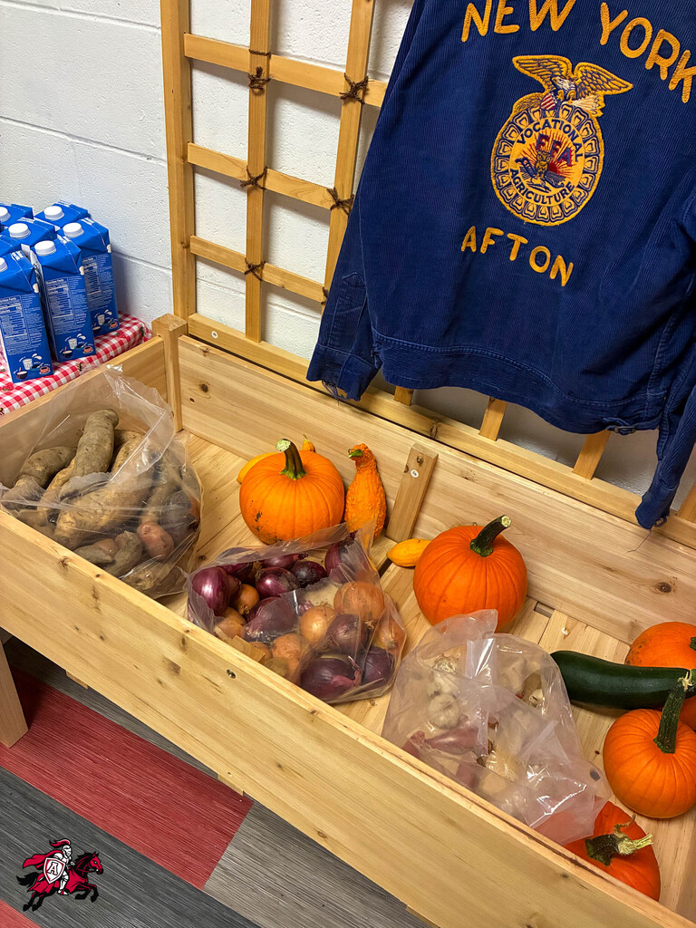 Wooden crate with a blue "New York Afton" sweatshirt, containing vegetables like pumpkins, onions, and potatoes.