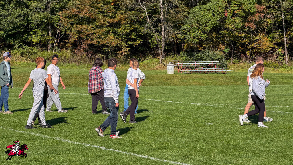 People in various clothing walk on a grassy field with white lines, trees in the background.