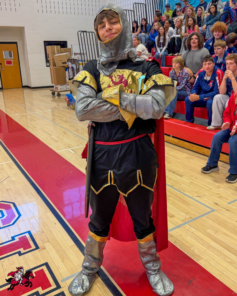 Person in knight costume stands on red carpet on basketball court with bleachers in background.