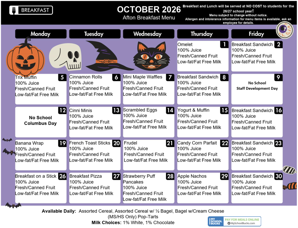 Calendar for October 2026 with breakfast menu items listed for Monday through Friday, including pumpkin-themed and Halloween foods.