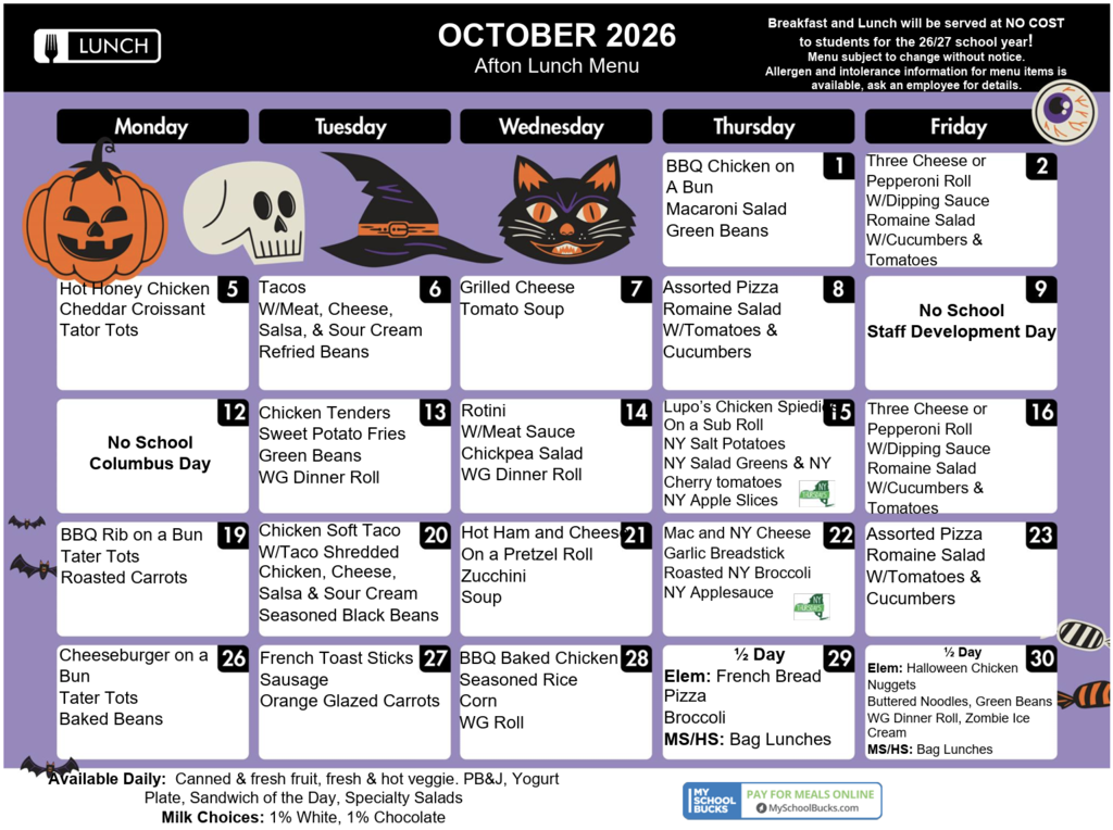 An October 2026 menu lists lunch options for Monday to Friday. Each day has pumpkin, skull, and witch hat icons.