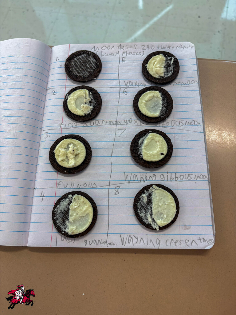 A notebook with drawings of moon phases on cookies. The cookies have frosting phases from new to full moon.