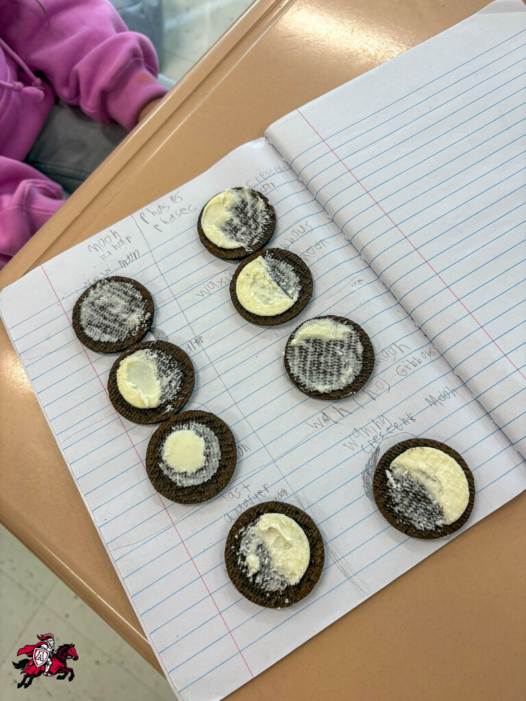 Cookies arranged on lined paper; cookies have white and black icing. Background includes a pink shirt.