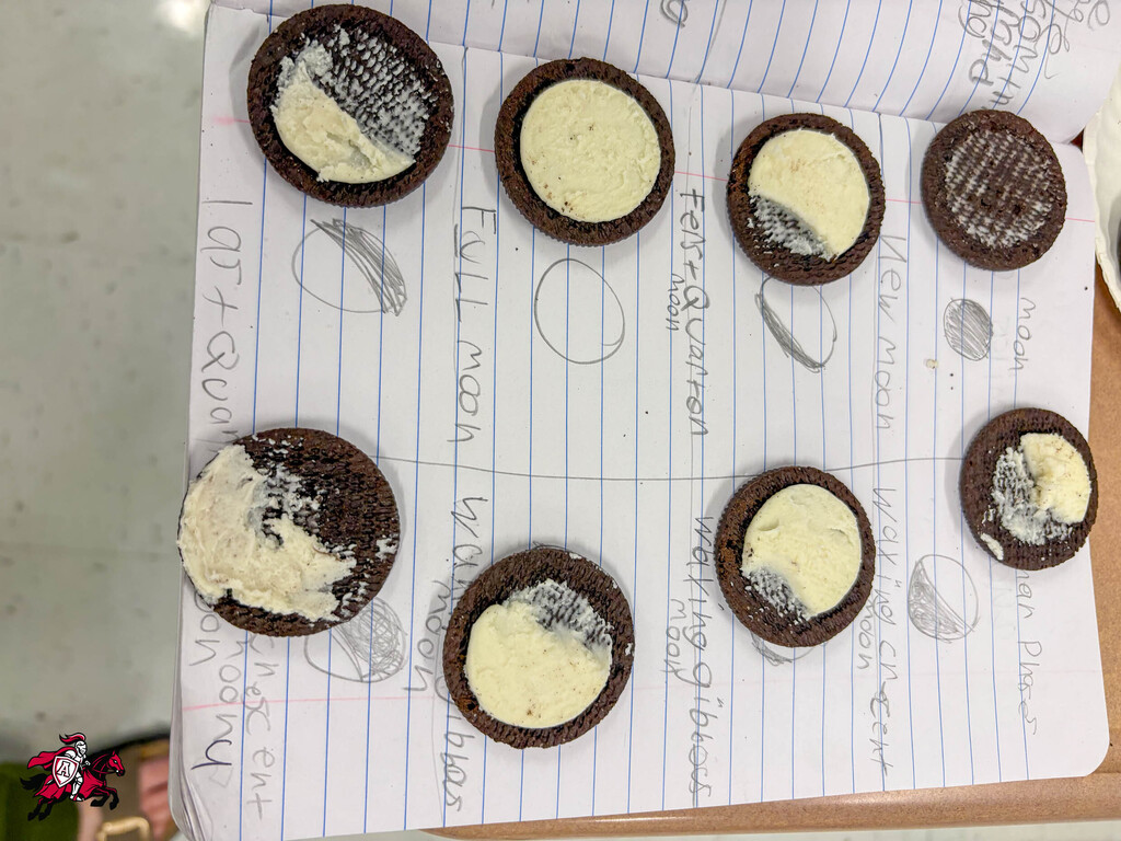 Cookies with varying amounts of white frosting arranged on lined paper with labels. Background is plain white.