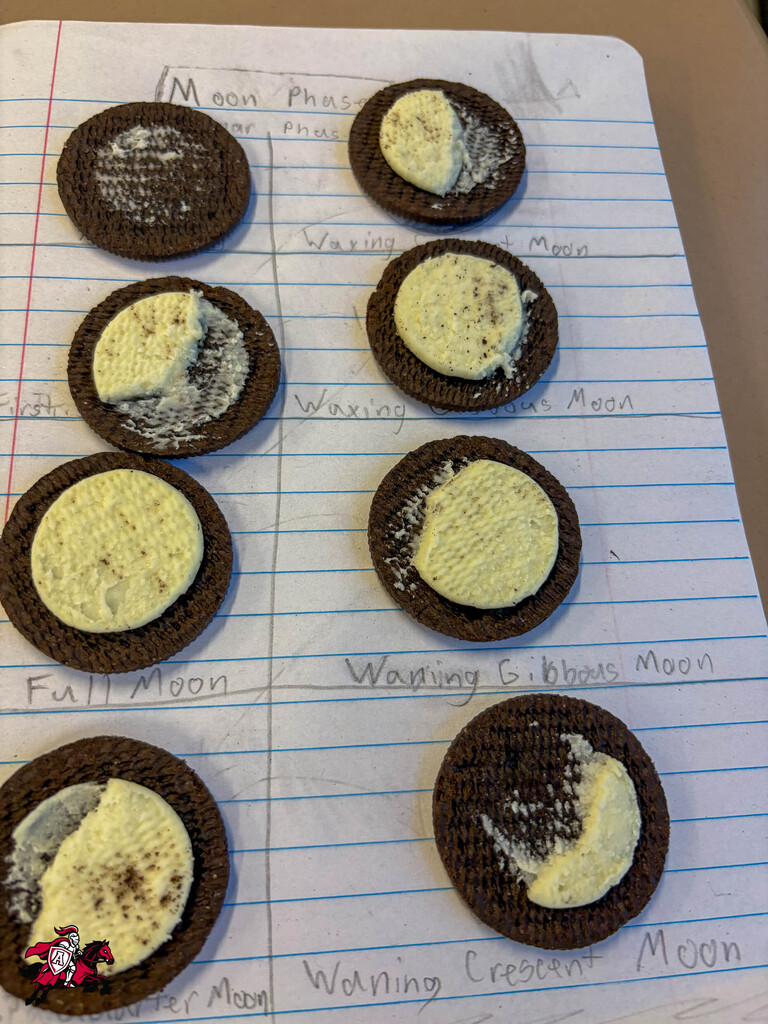 A line of cookies arranged on paper, labeled from full moon to waning crescent, with varying amounts of cream cheese.