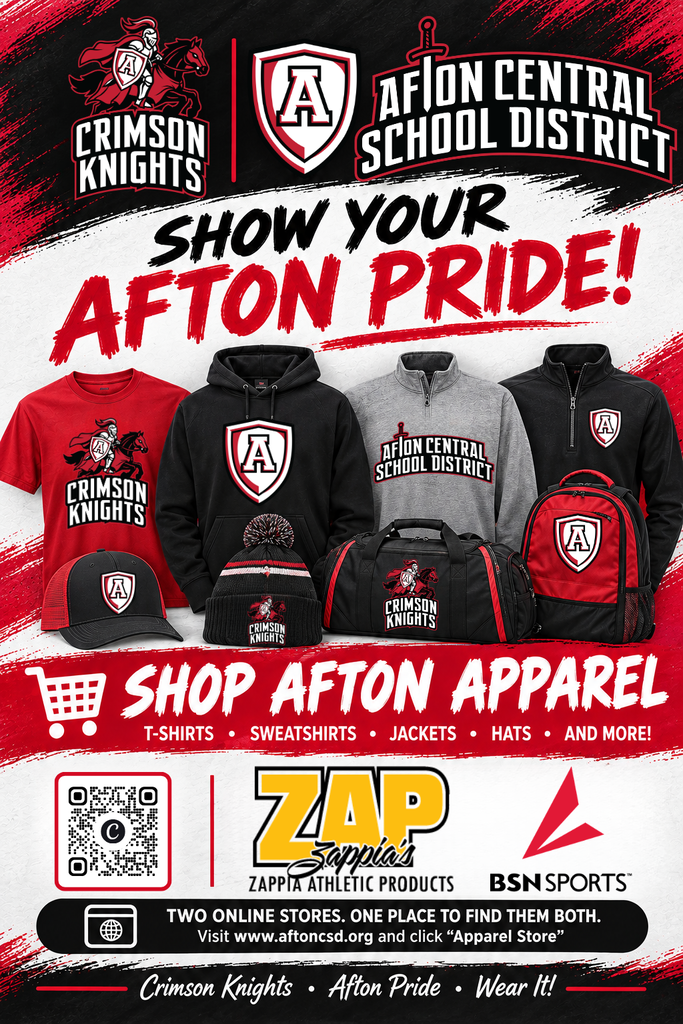 An ad for Afton Central School District apparel with hooded jackets, caps, backpacks, and a QR code for online shopping.
