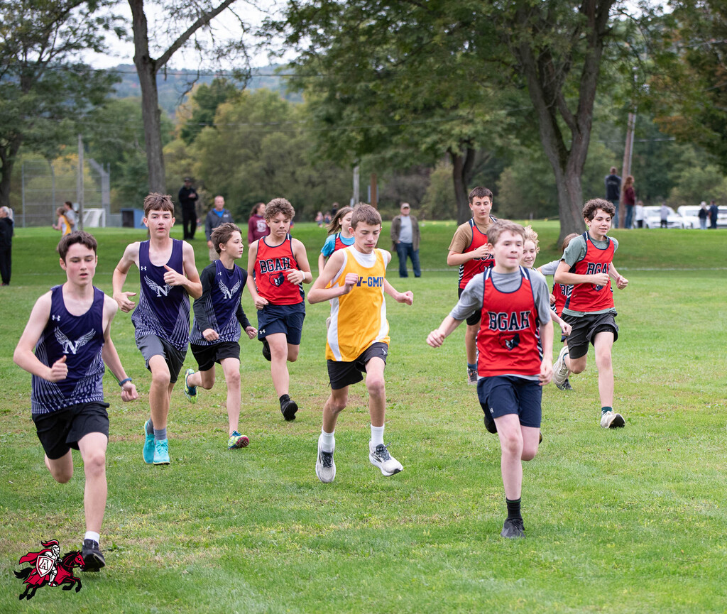 Several children in athletic wear running on a grassy field. Trees and a fence are in the background.