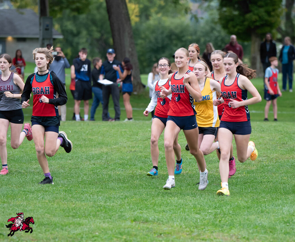 Cross country runners in red and blue uniforms run on a grassy field, with trees and spectators in the background.