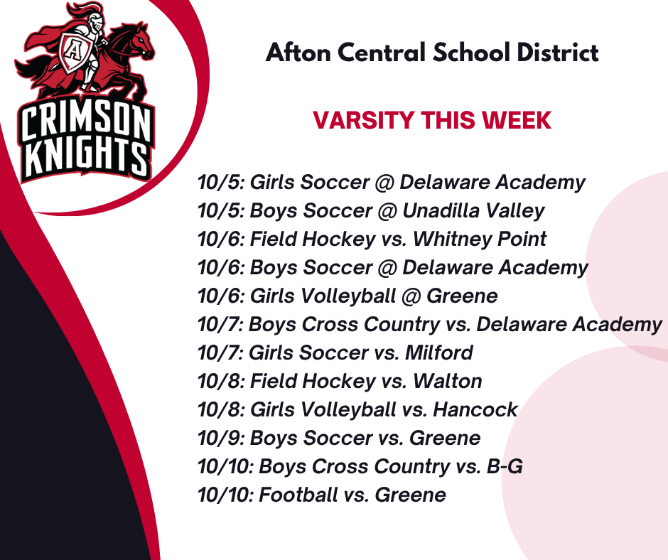 A poster lists upcoming games for Afton Central School District varsity sports, featuring a red knight mascot.