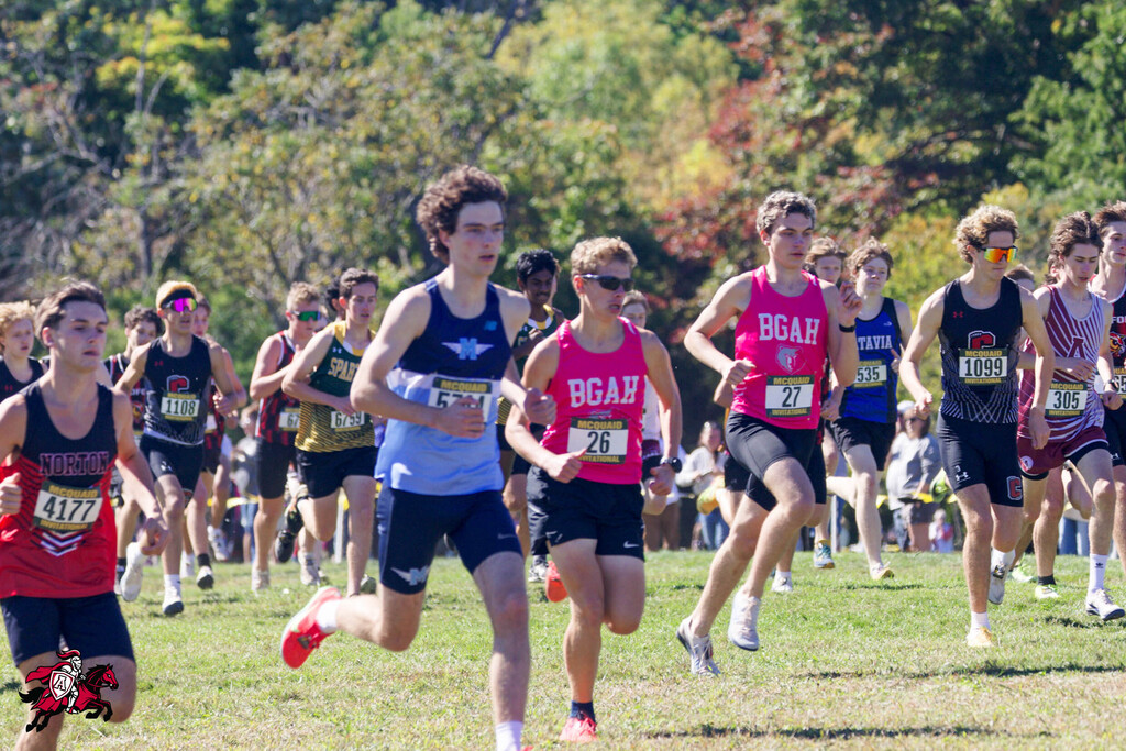 A group of people running a race in a field with green grass, trees, and bushes in the background.