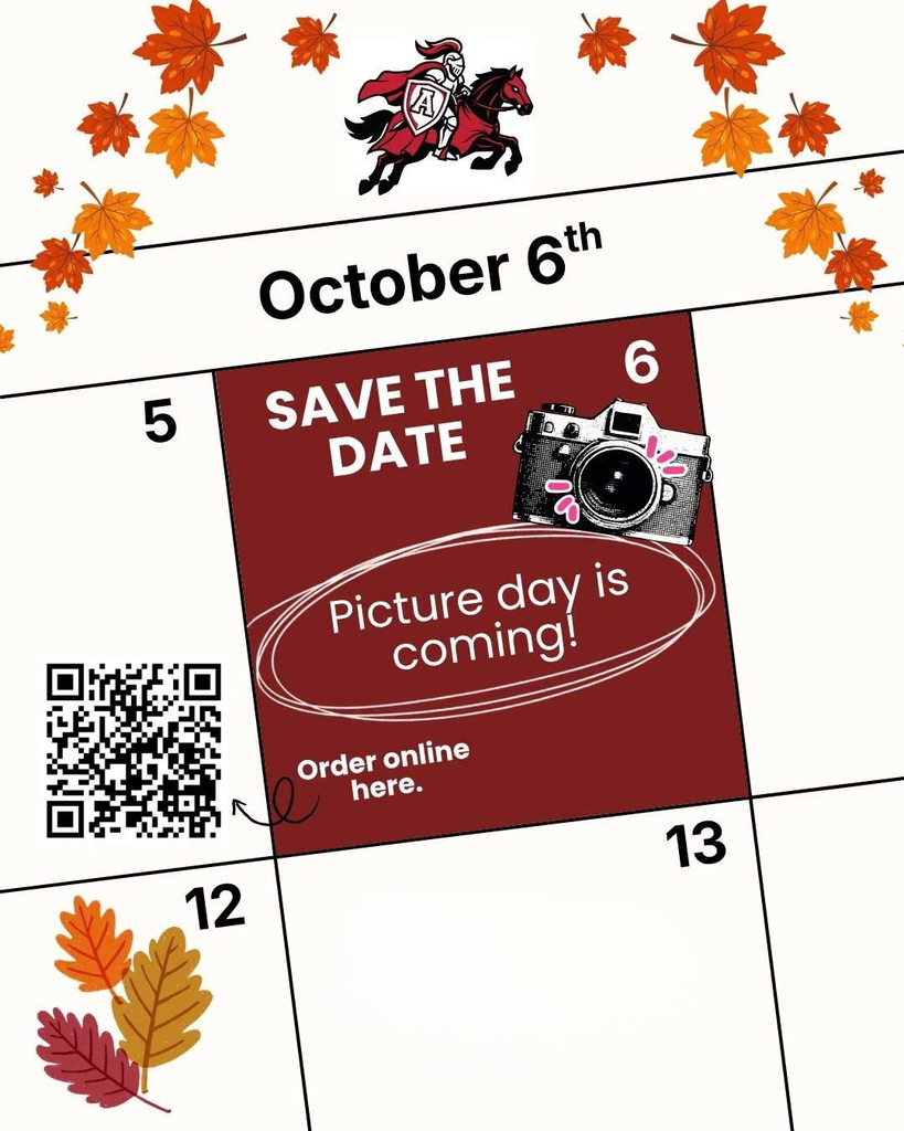 Calendar page for October 6, with "SAVE THE DATE" and "Picture day is coming!" text, a camera, and a QR code for ordering.