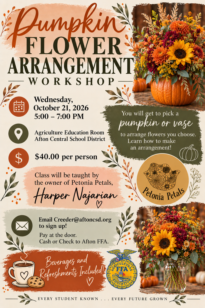 Poster for a pumpkin flower arrangement workshop. Details include date, time, location, cost, and instructor. Flowers and pumpkins are shown.