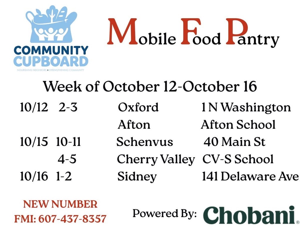 A flyer for Mobile Food Pantry, a service provided by Community Cupboard. The week's schedule includes locations and times.