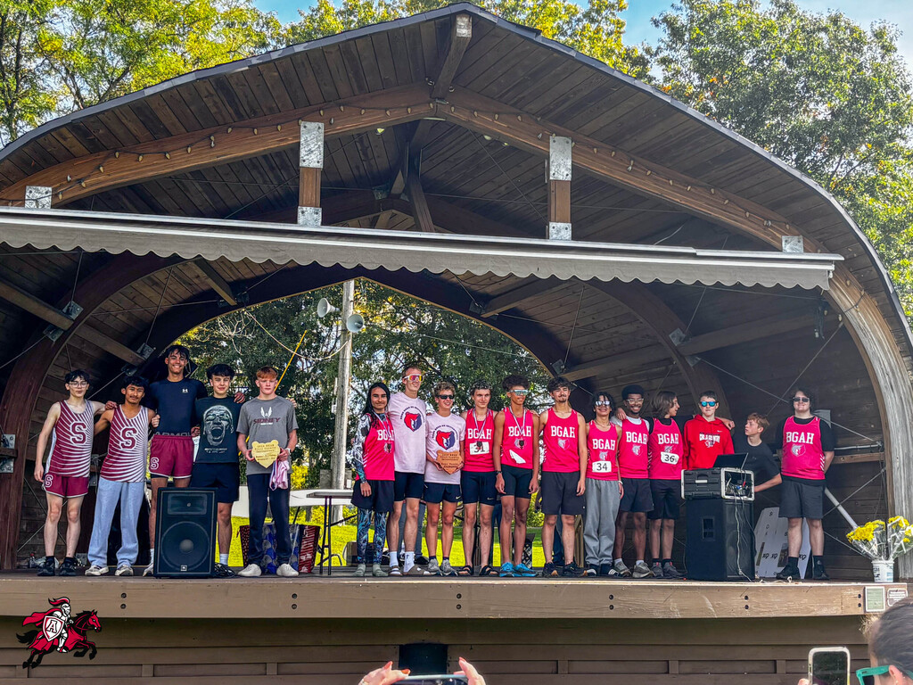 A group of athletes wearing matching pink shirts on a stage, with a wooden structure in the background.