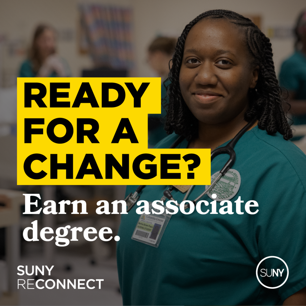 A woman with a stethoscope and green scrubs smiles. Text reads "Ready for a Change? Earn an associate degree."