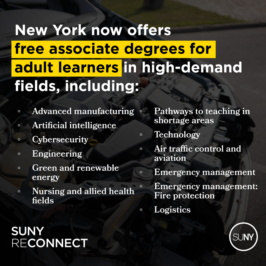 An advertisement for free associate degrees from New York for adult learners in fields like cybersecurity and nursing.