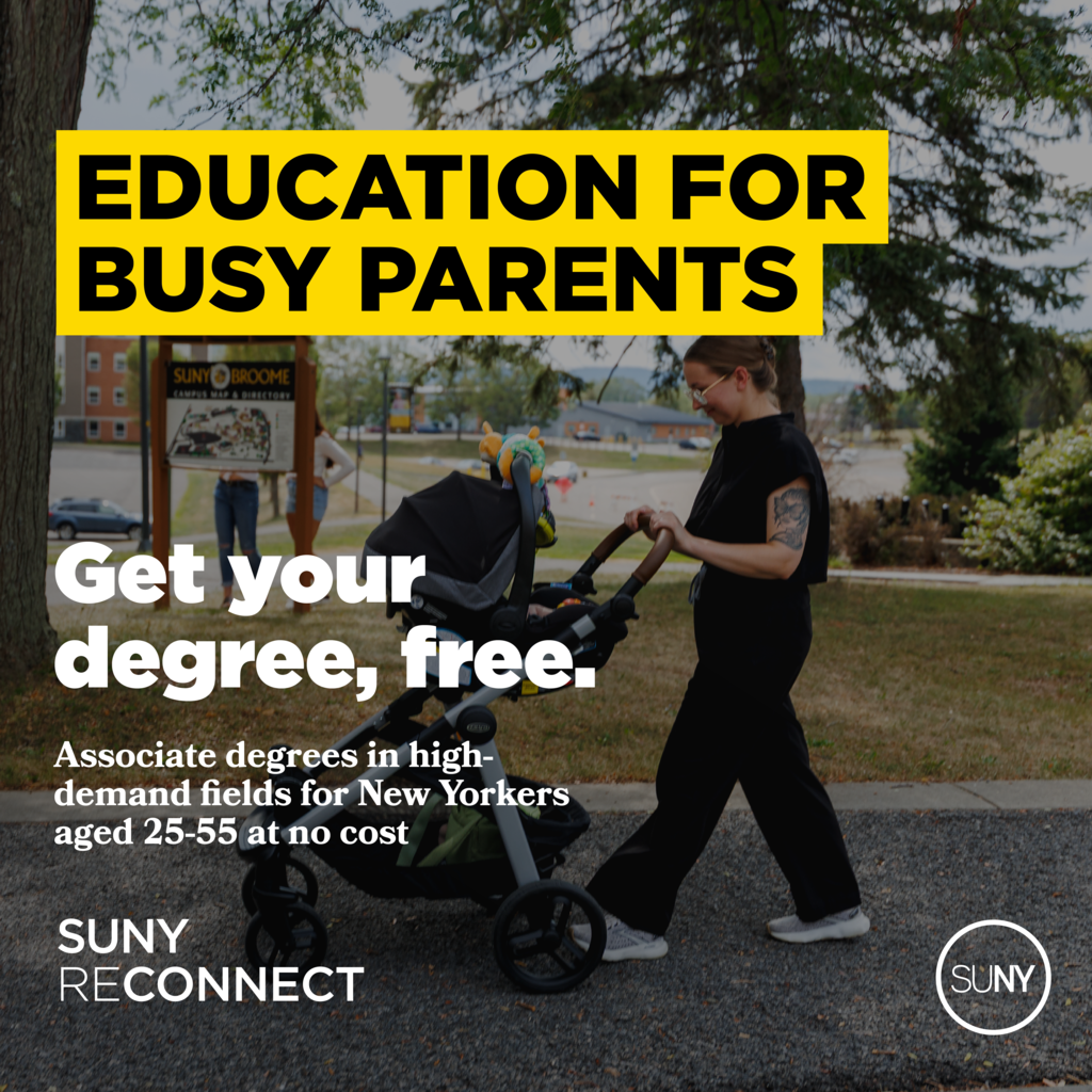 A woman pushes a stroller on a sidewalk. A sign reads "Education for Busy Parents: Get your degree, free."