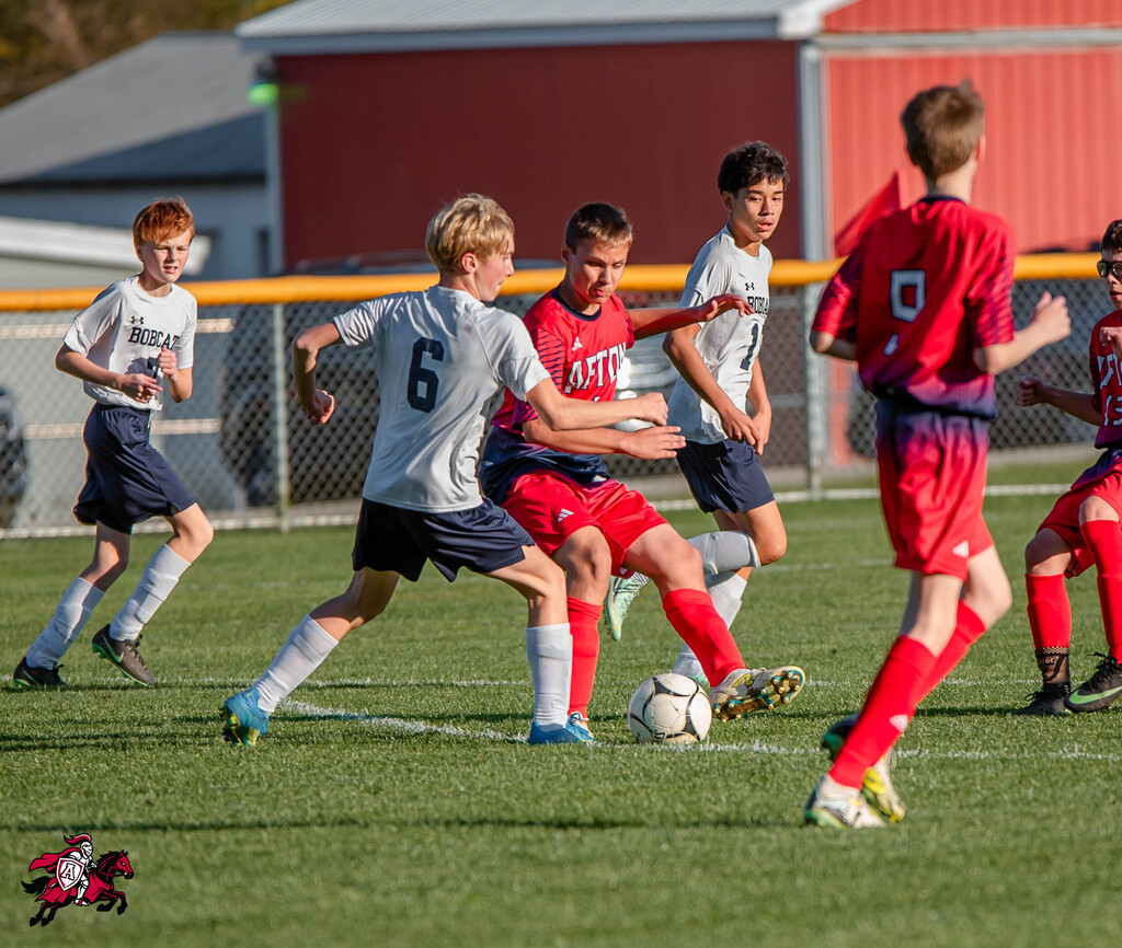 Five boys in different-colored jerseys play soccer on a green field. One boy chases the ball, another blocks.