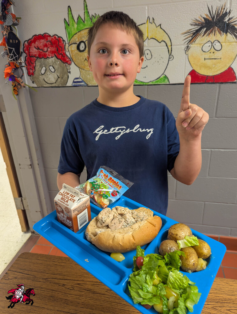 A boy in a blue shirt with "Gettysburg" on it holds a lunch tray with a sandwich, salad, and potatoes.
