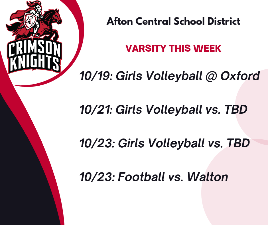 A red and white graphic with "Crimson Knights" and a horse logo. Text reads "Varsity This Week" and lists sports games for Oct 19-23.