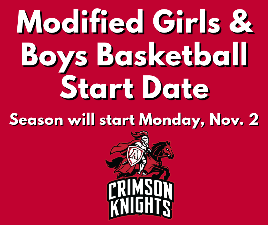 Red background with white text. Text reads "Modified Girls & Boys Basketball Start Date." Logo features a knight riding a horse.