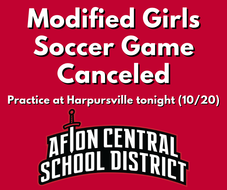 Red background with text reading 'Modified Girls Soccer Game Canceled' and a logo of a sword.