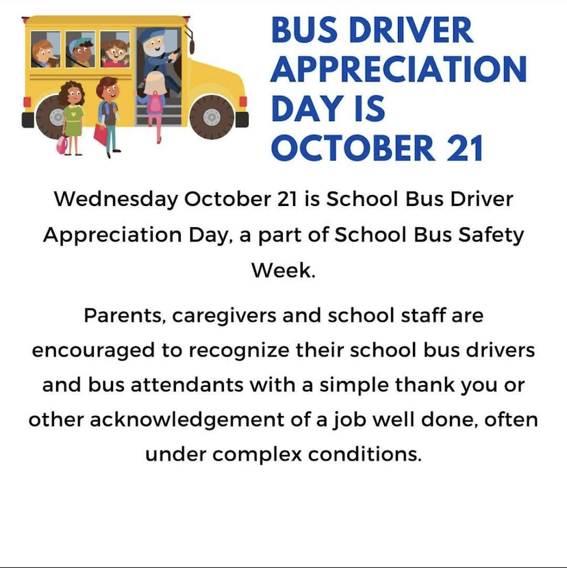 A yellow school bus with children boarding and a blue text overlay about Bus Driver Appreciation Day on October 21.