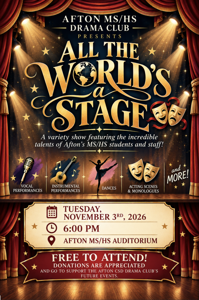 Poster for "All the World's a Stage" event with stage, masks, instruments, microphone, and dancer.