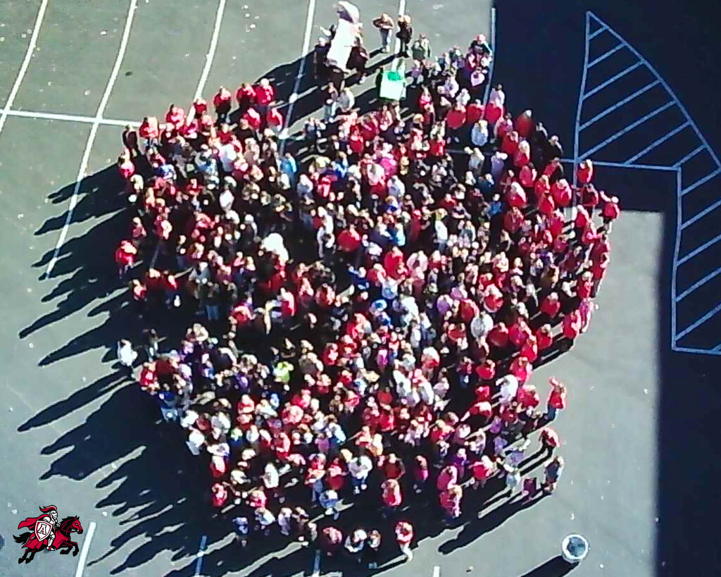 Large crowd of people gathered in a heart shape on a paved surface with shadows.