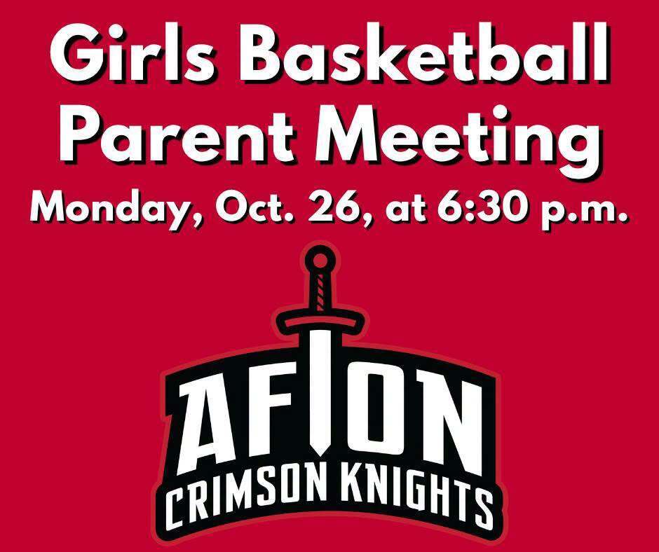 Red poster with "Girls Basketball Parent Meeting" text, a sword logo, and "AFION CRIMSON KNIGHTS" text.