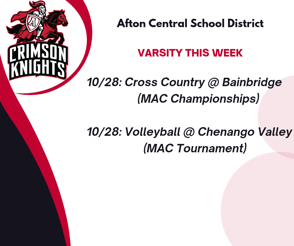 Red logo with white text and horse. Text reads "Afton Central School District". Below it are two events for Oct. 28.