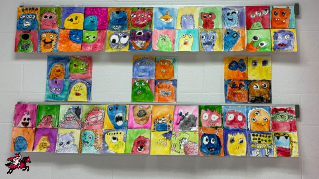 Three rows of colorful cartoon-like monster drawings on white tiles. Some have eyes, some have mouths.