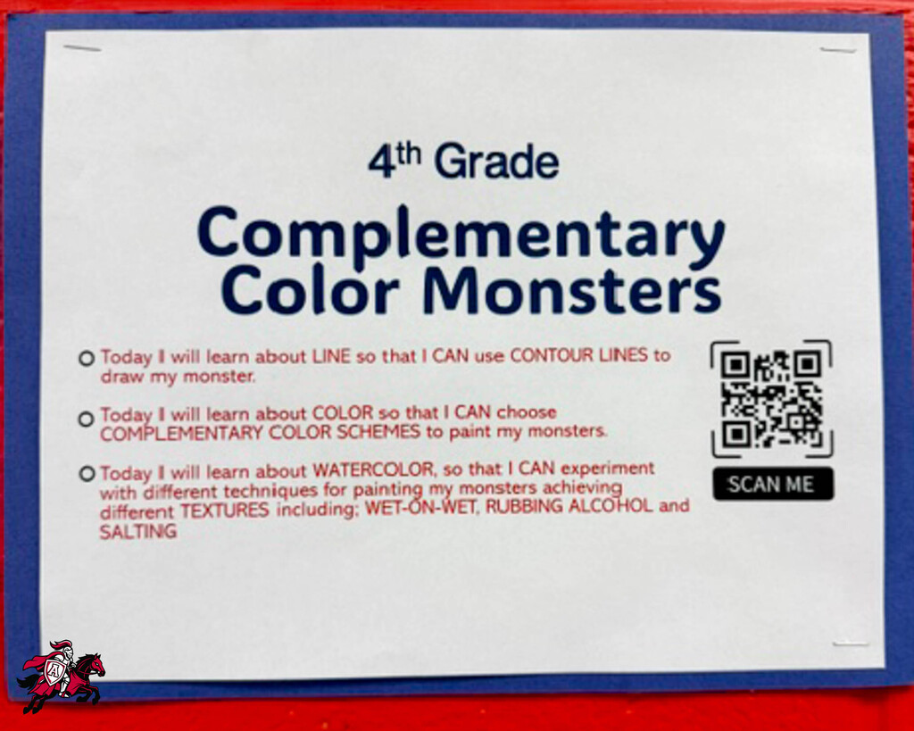 A white paper on red background. Titled "Complimentary Color Monsters". QR code is at bottom. Three bullet points describe art techniques.