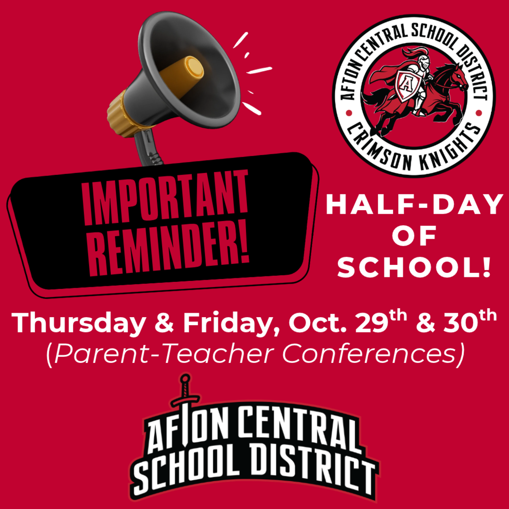 Red background with black text and logos. Megaphone with yellow tip. Two dates and parent-teacher conferences.