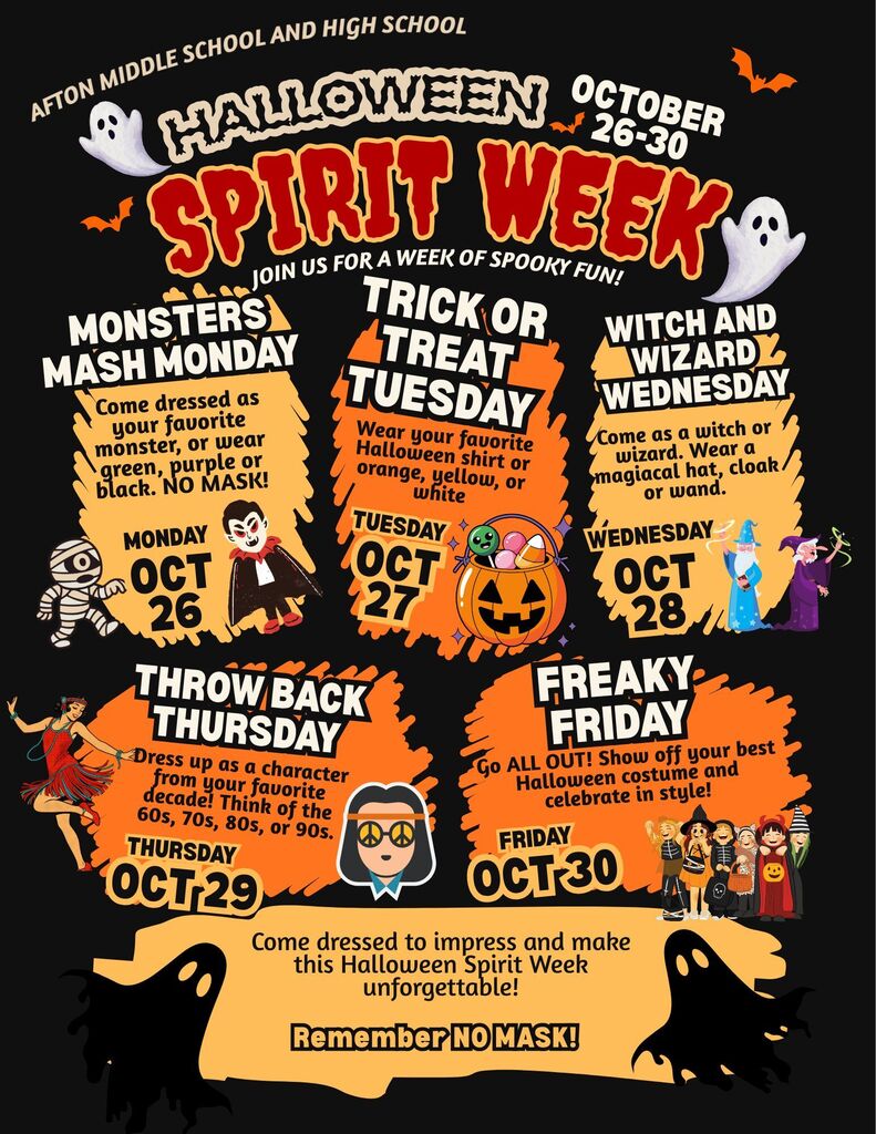 Poster for Halloween Spirit Week at Afton Middle and High School, October 26–30. Five days of themed dress ups.