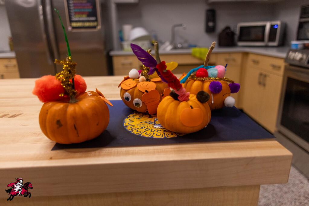 Four decorated pumpkins with faces, eyes, and feathers sit on a kitchen island with a blue mat.